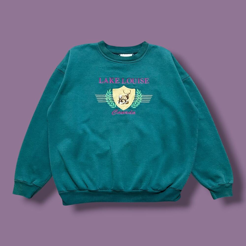 Vintage 90s Canada Sweatshirt Lake Louise Crewneck Moose Green Womens XL
